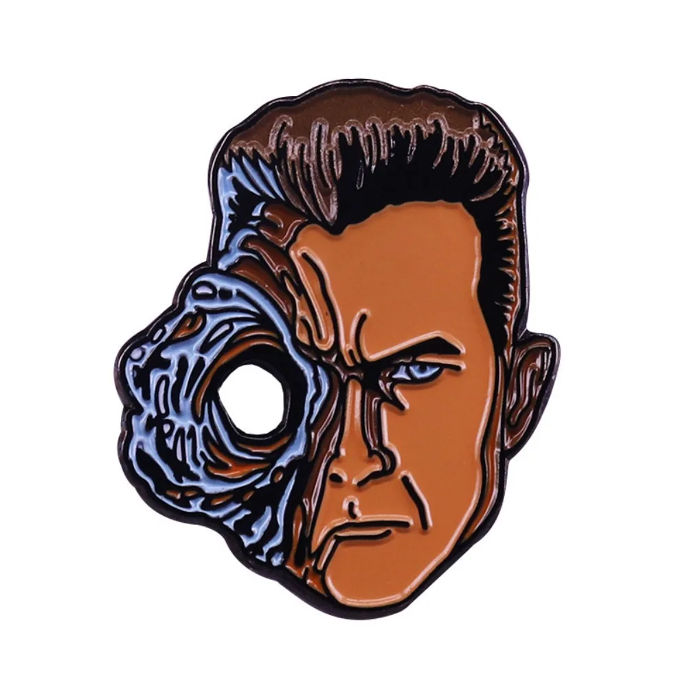Badge en émail robot humanoïde à demi-visage en alliage, style rétro science-fiction, broche de revers, cadeau bijou pour les fans d'art futuriste