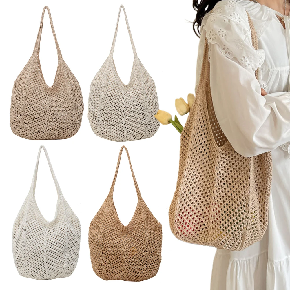 

Women Shoulder Bag Hollow Out Knitting Tote Bag Large Capacity Ladies Crochet Handbags Summer Beach Handmade Woven Mesh Bag 2024