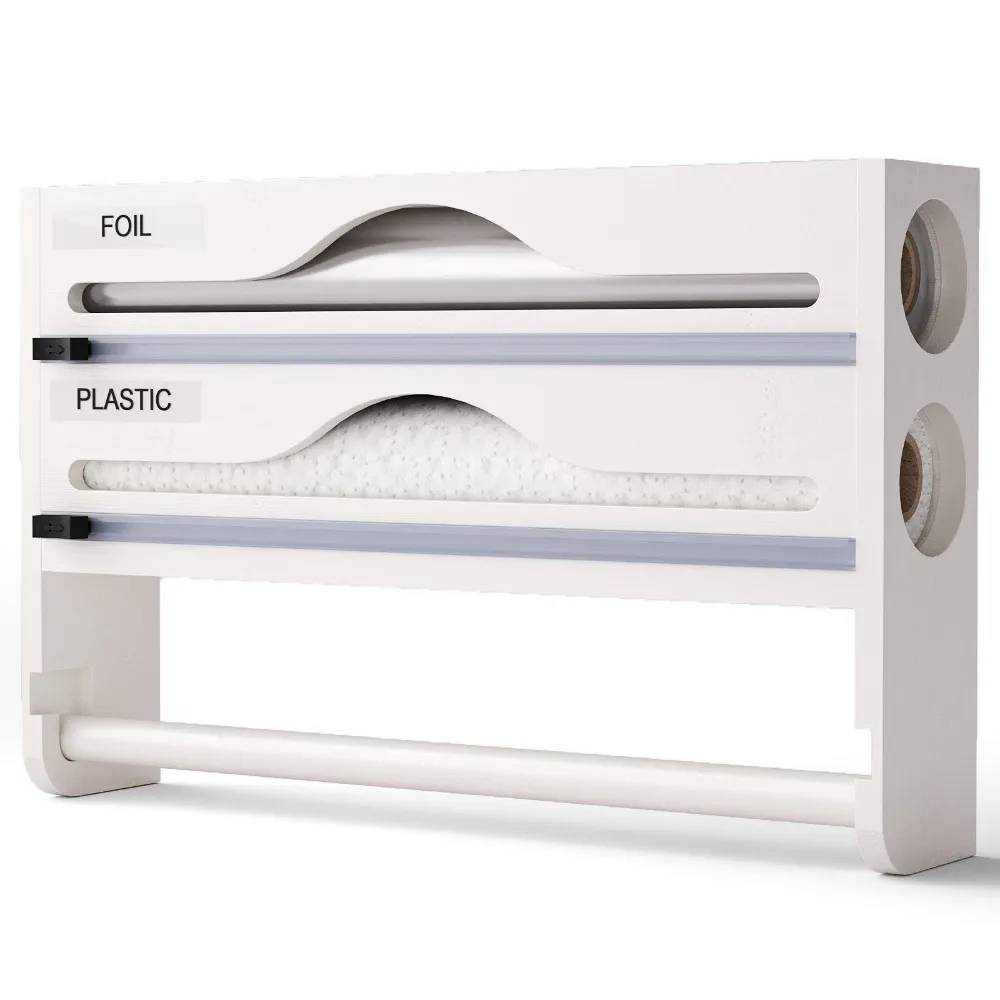 Kitchen Organizer Bamboo Cling Film Cutter Box Wall Mounted 2/3 Compartment Towel Organizer Minimalist Tin Foil Cutter Trash Bag