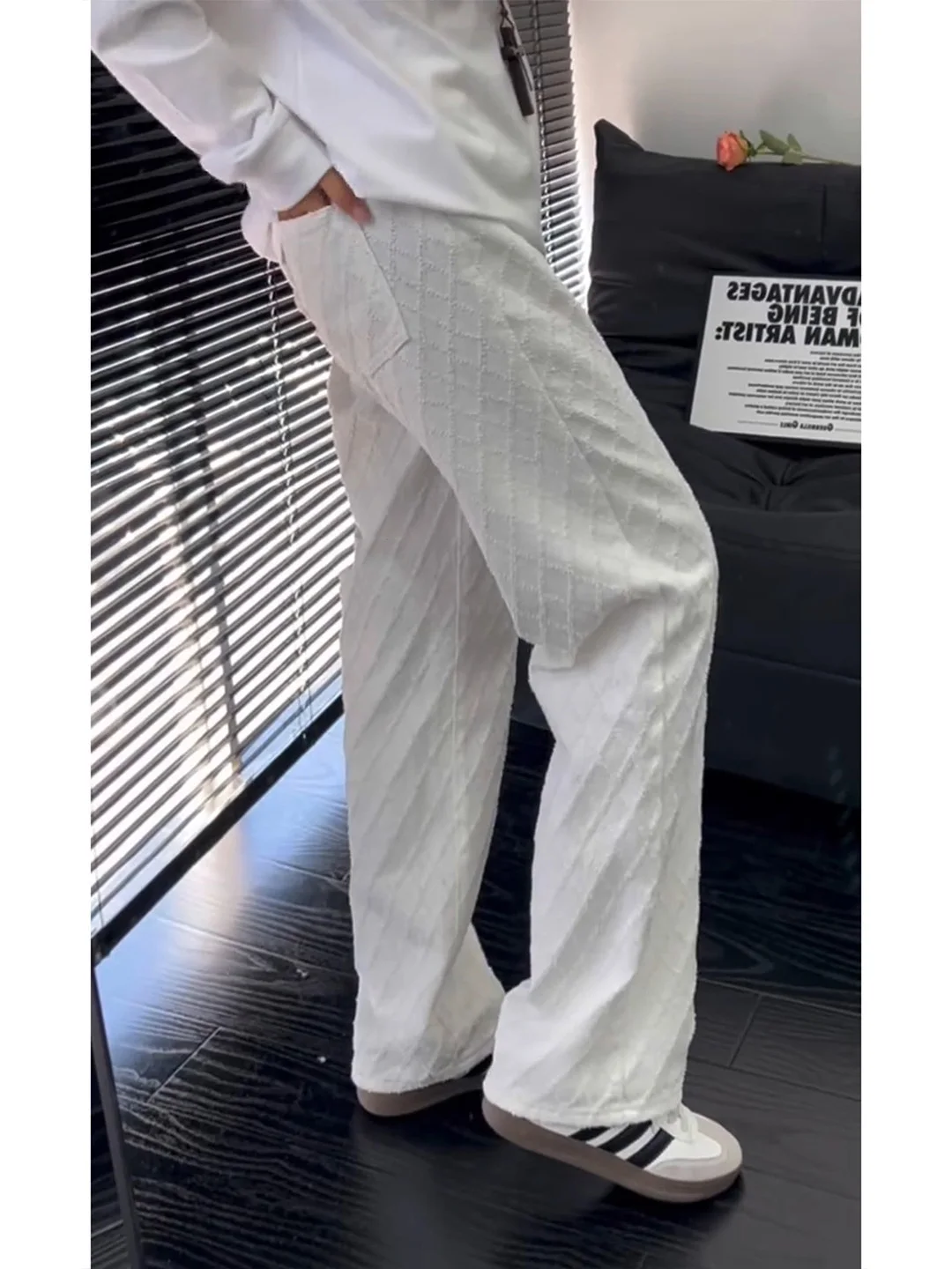 

White Embroidered Denim Jeans Men's Straight Leg Fall Lazy Style S D American Slimming Micro Flared Pants