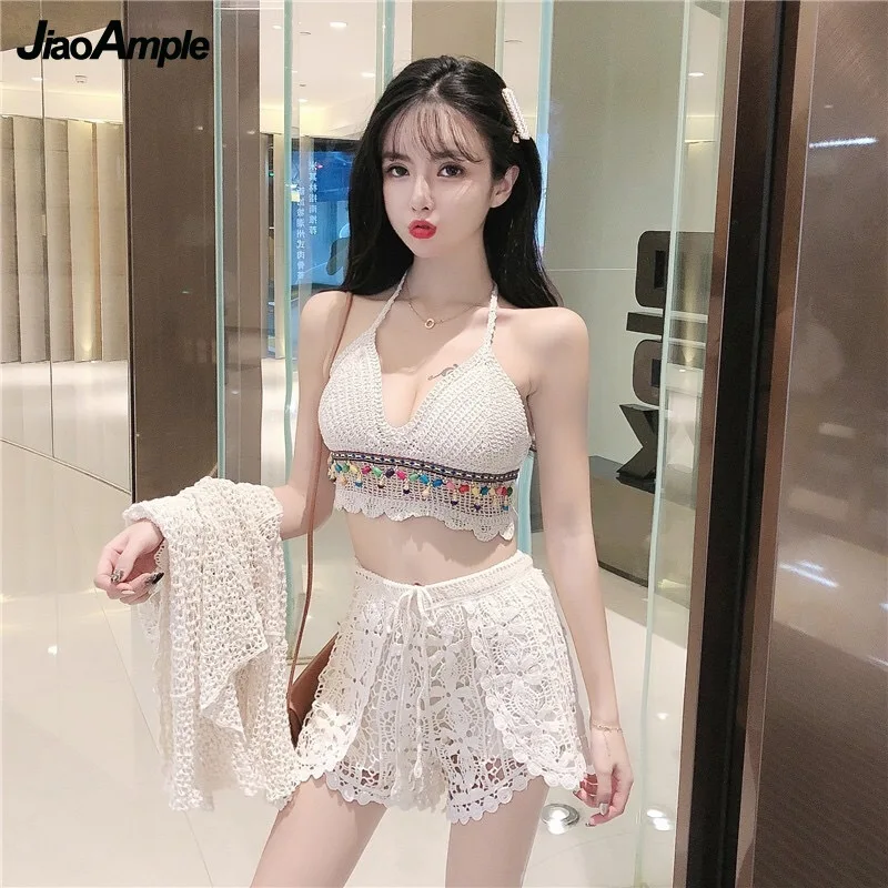 Women's Summer Lace Hollow Out Swimwear Set 2022 New Lady Graceful Flare Sleeve Coats+Halter Crop Top+Shorts Beach Clothing