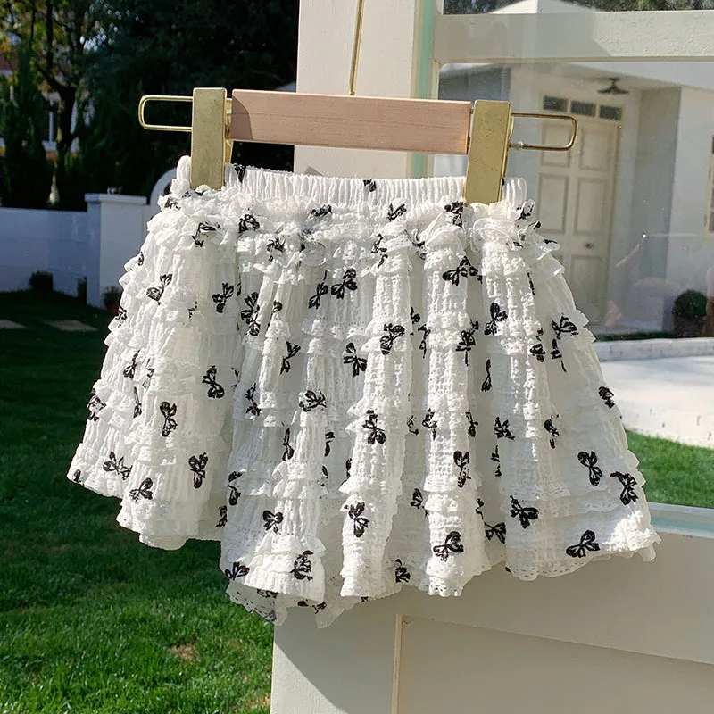صيف جديد بنات الدانتيل ألف خط كعكة فضفاضة السراويل الطازجة القوس السراويل التخسيس نصف الجسم تنورة #6