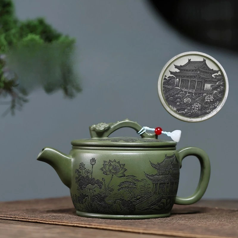 Handcrafted Yixing Zisha Teapot Made From Raw Green Clay, Featuring A Lotus Design Symbolizing Prosperity