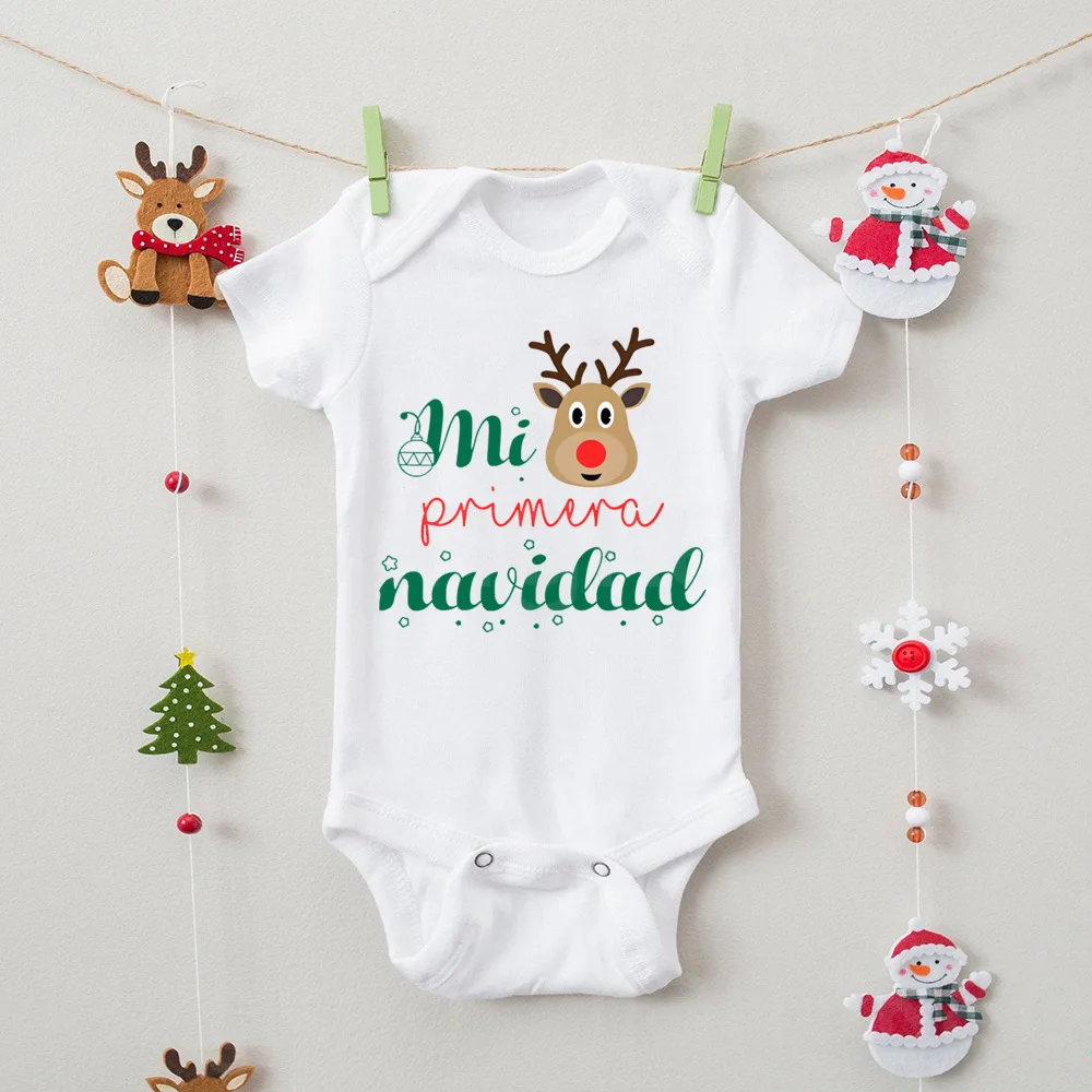 My First Christmas Spanish Printed Newborn Bodysuit Infant Baptism Outfits Baby Short Sleeve Romper Toddler Xmas Party Clothes