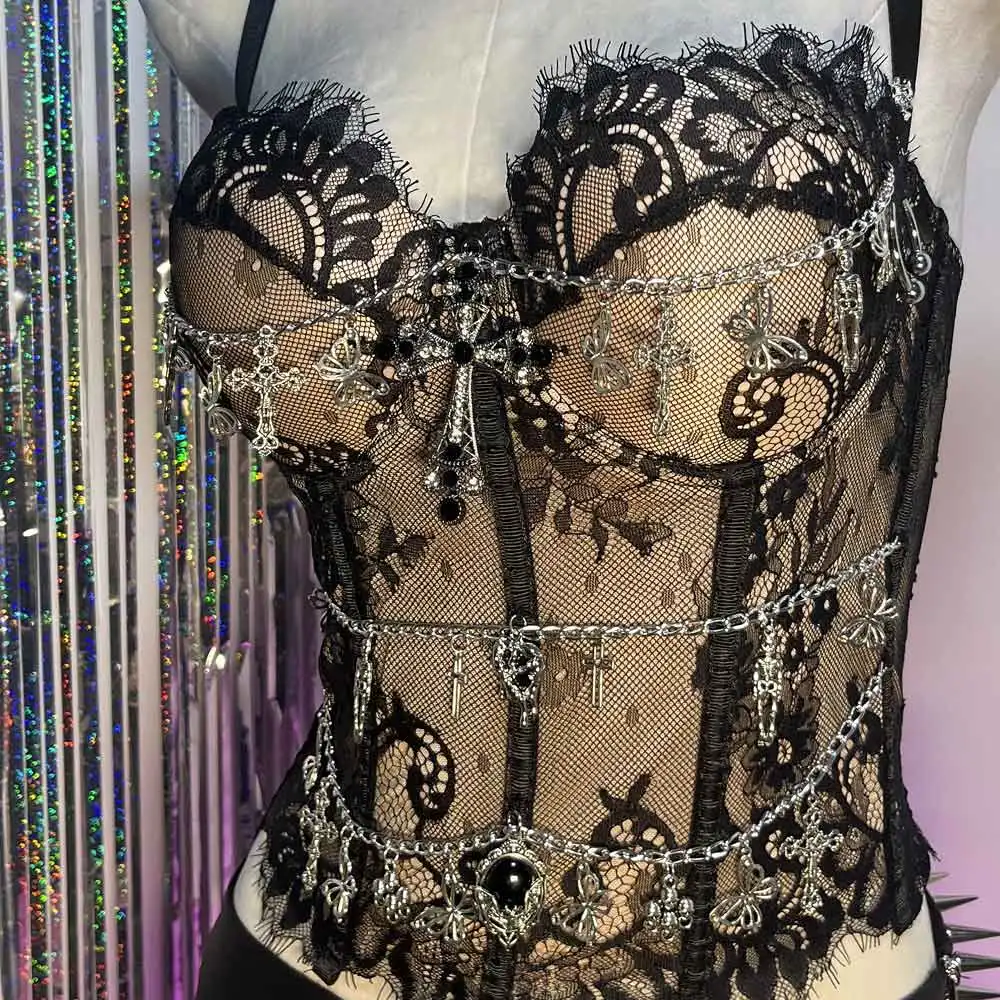 Y2K TOPS Emo E-Girls Harajuku DIY Kawaii Cyber Trendy Goth Chain Club Wear Cross Teen Punk Rock Grunge Gothic Tank Fairy Eco