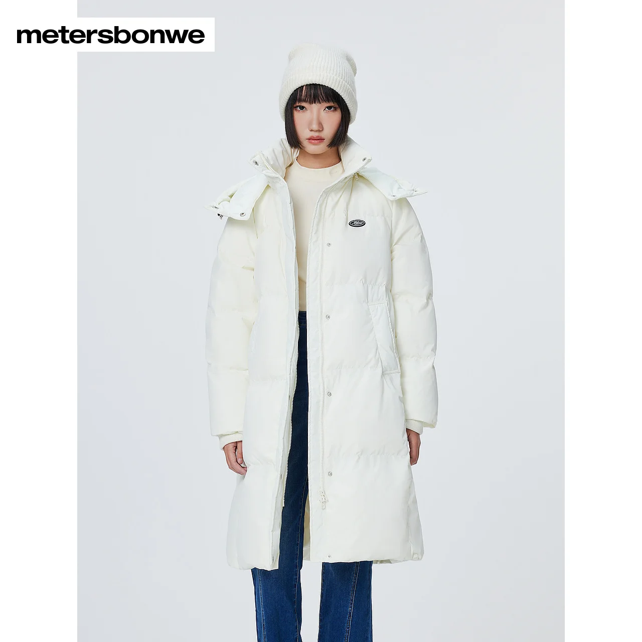 Metersbonwe-Jaqueta longa com capuz feminino, casaco grosso de inverno, casacos quentes, casacos brancos casuais, moda feminina, novo, 2023