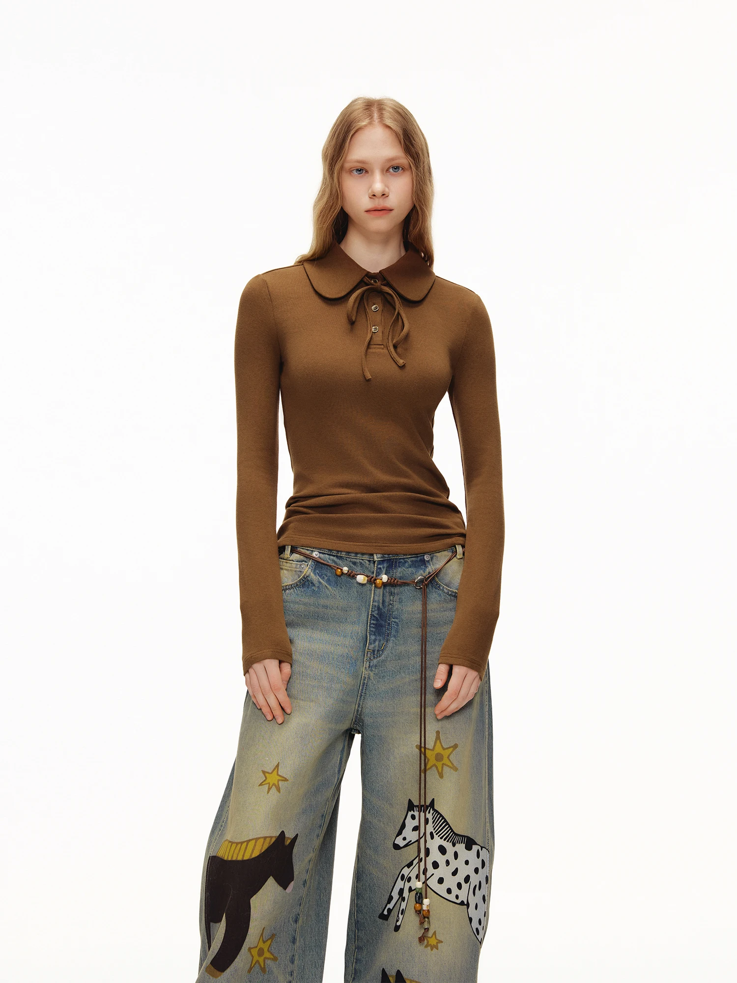 

Новая женская зимняя футболка Outthe Blue с воротником-стойкой и бантом, с длинным рукавом, повседневная, приталенная, из смесового хлопка