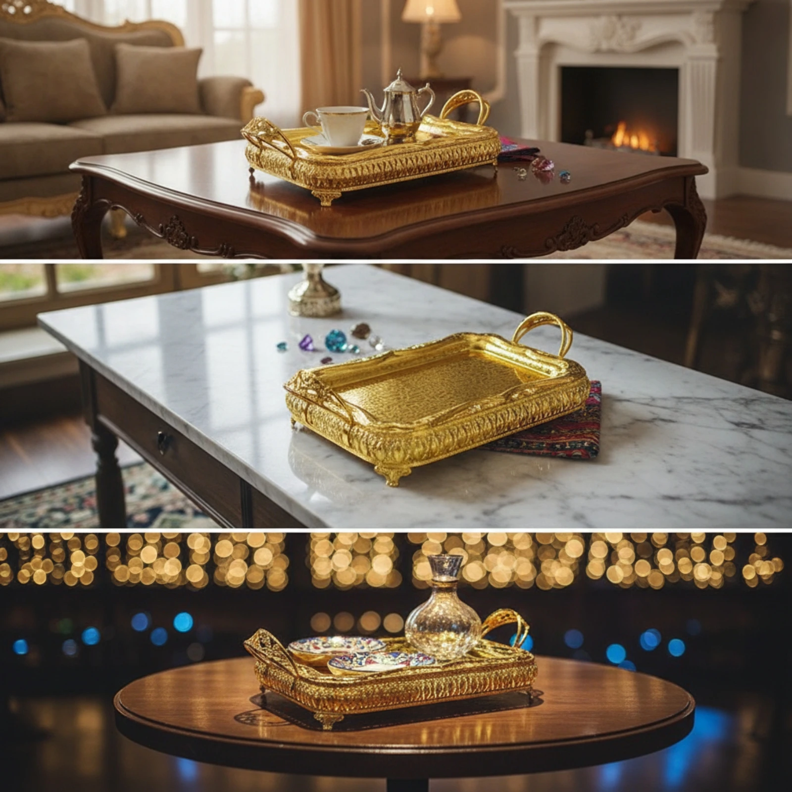 Serving Tray with Handles Embossed Metal Serving Tray Stylish Easy Transport for Hosts, Home Entertaining, Tea Service