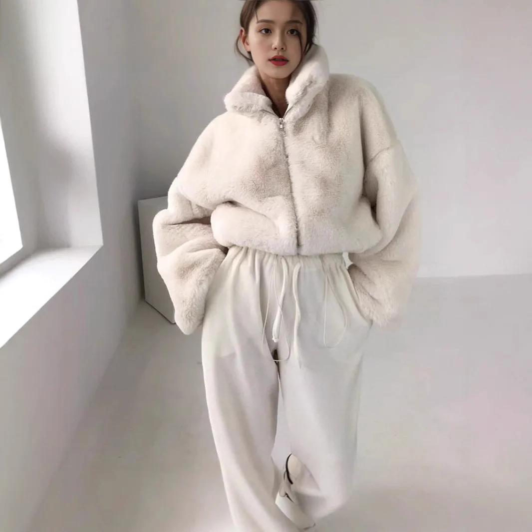 Faux Fur Jacket Coatผู้หญิงVINTAGE Streetwear Stand-up COLLARกระต่ายขนสัตว์Outerwearฤดูใบไม้ร่วงฤดูหนาวหนาWARM Plush JACKET