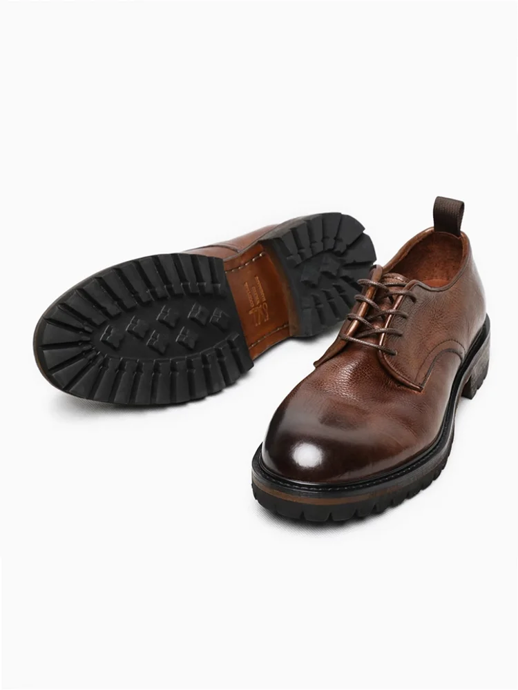 High Quality Men Cowhide Genuine Leather Business Work Formal Shoes Autumn New Lace Up Thick Platform Wedding Party Dress Shoes