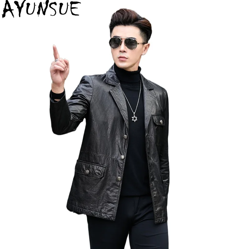 

AYUNSUE 100% Genuine Cow Leather Jacket Men Suit Collar Mid-length Top Layer Cowhide Leather Jackets Korean Leather Coat Abrigos