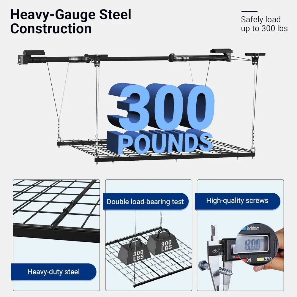 Overhead Garage Lifting Storage Rack, 4x4 Ft Heavy-Duty Metal Garage Plafondrek, 300lbs Gewicht, Zwart