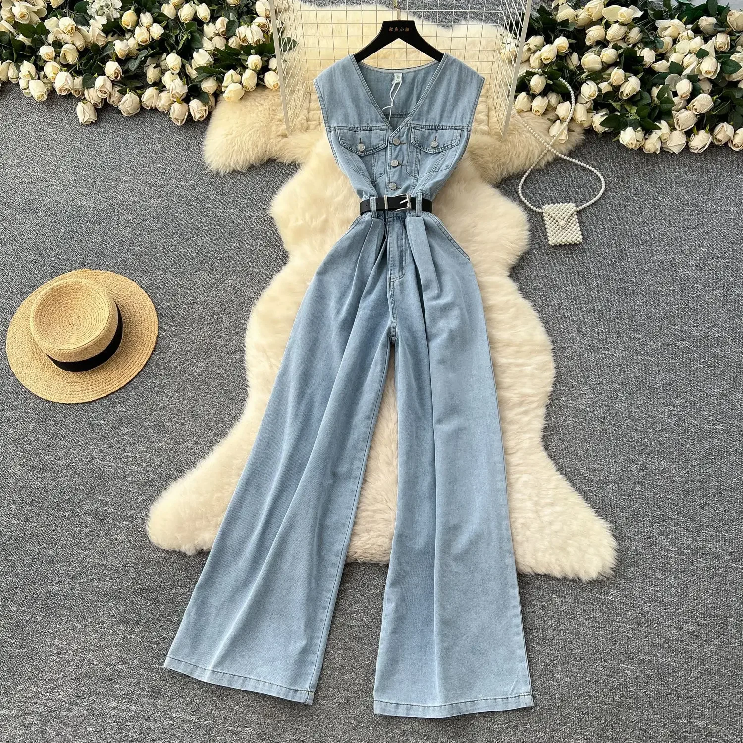 

Denim Jumpsuits Women One Piece Wide Leg Pants Washed Distressed Sleeveless Pockets 2025 Streetwear High Waist Jeans Trousers