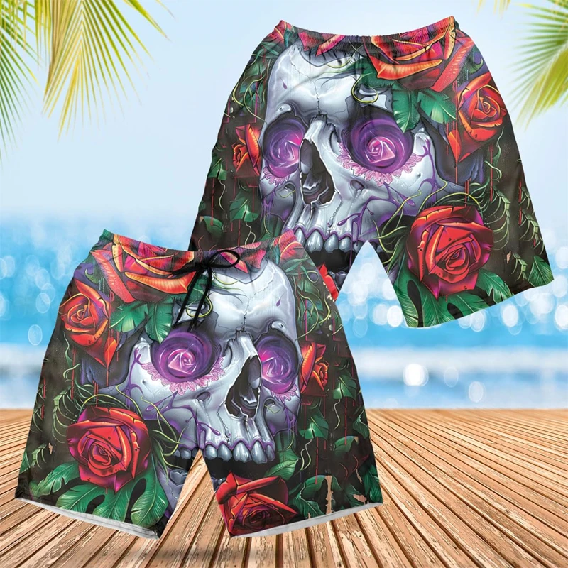 Hawaiian Funny Skull Graphic Beach Shorts Hip Hop Horror Skeleton Graphic Short Pants For Men Vacation Y2k Male Trunks Bermudas