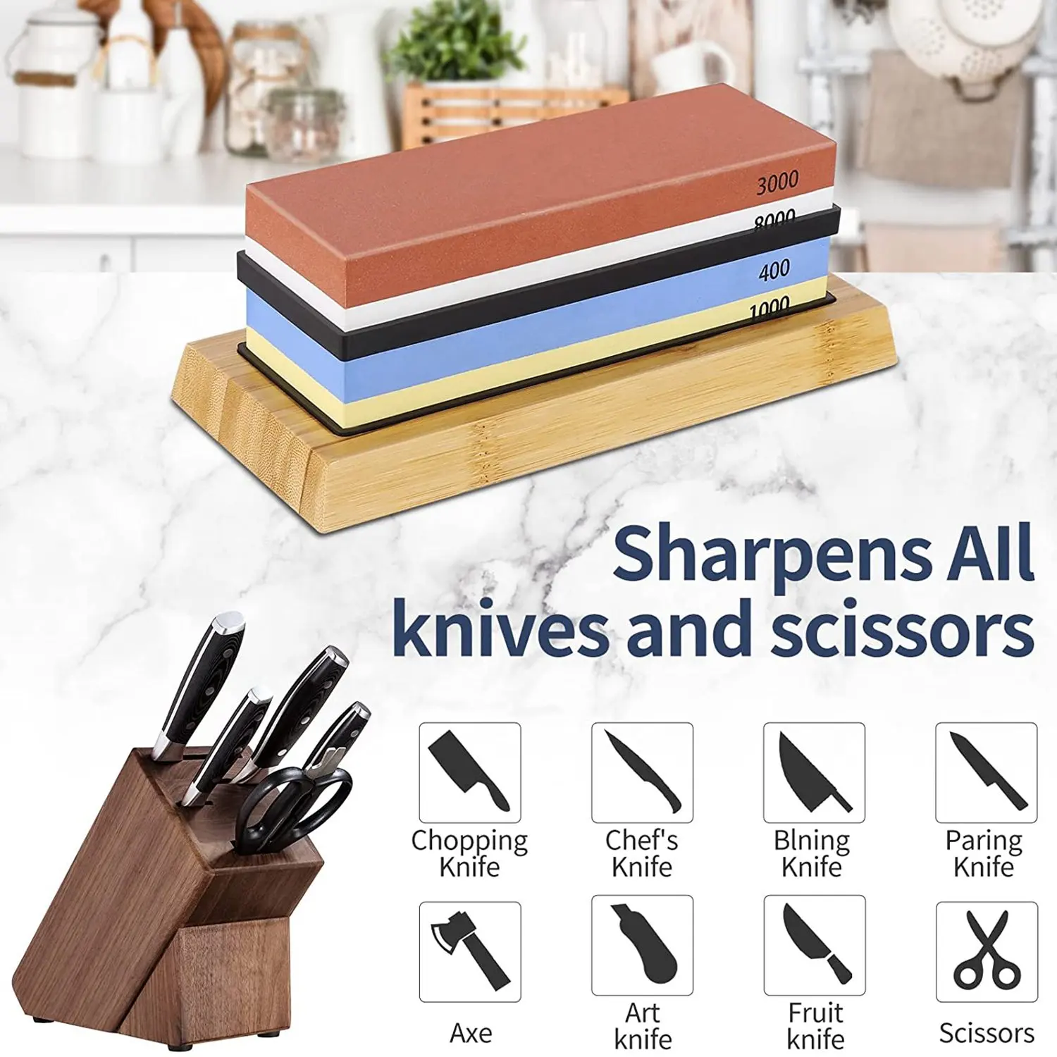 

AF90-Knife Sharpening Stone Kit, 4 Side Grit 400/1000 3000/8000 Whetstone, Professional Whetstone Knife Sharpener Set