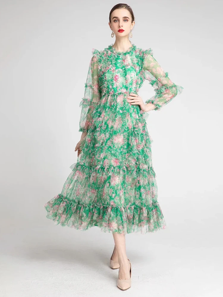 

Svoryxiu Spring Summer Runway Elegance Party Long Dresses Women's Long Sleeves Flower Print Green Mesh Maxi Dress XXL