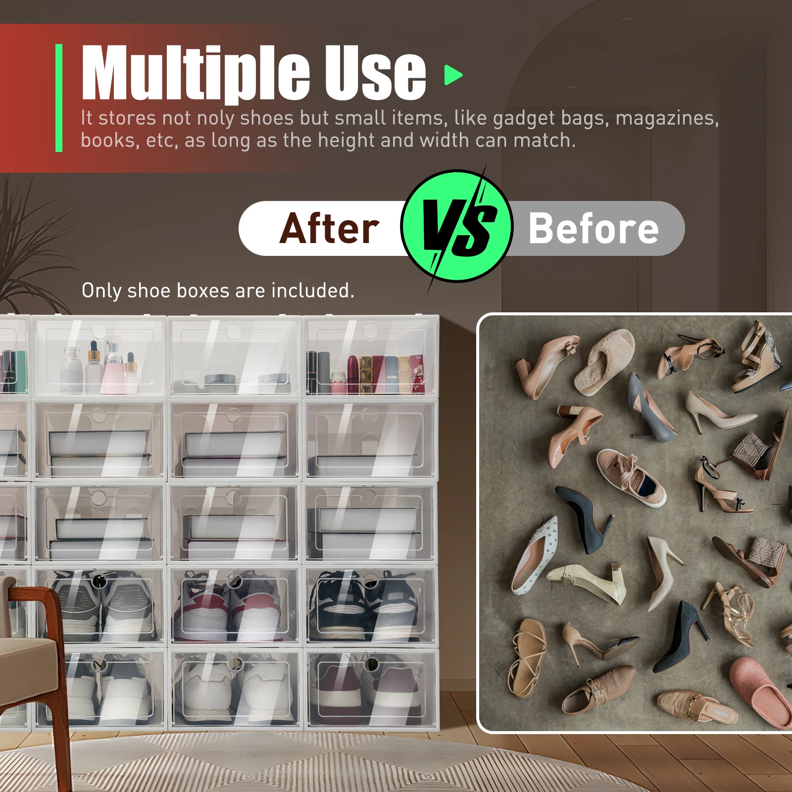 صناديق أحذية بلاستيكية قابلة للطي، منظم أحذية سميك وشفاف وقابل للتكديس، خزانة أحذية مركبة متراكبة