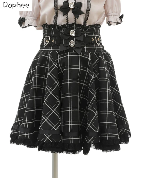 

Dophee Japan Styles Landmine Series Ribbon Bow Diamond Pearl Buckle Lolita Skirts Women High Waist Cute A-line Short Skirt