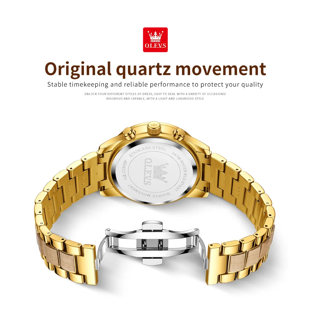 OLEVS Brand Watch Multi Functional Men's Quartz Watch Waterproof Steel Strap 3645