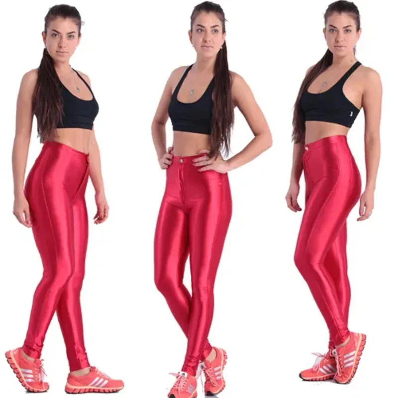 qq 123Women casual solid fluorescent leggings shiny glossy plus size multicolor legging female pant sporty elastic clothes