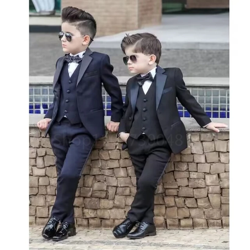 Flower Boys Black/Blue Kids Blazers Vest Pants 3PCS Party Wedding Suit Children Photography Clothing Set Gentle Prom Costume