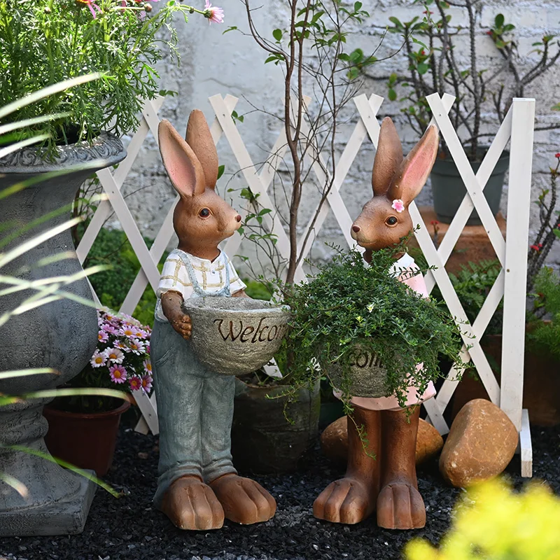 

Creative Garden Decor Cartoon Bunny Statue Outdoor Animal Planter for Flowers Balcony Landscape Ornament Rabbit Figure Sculpture