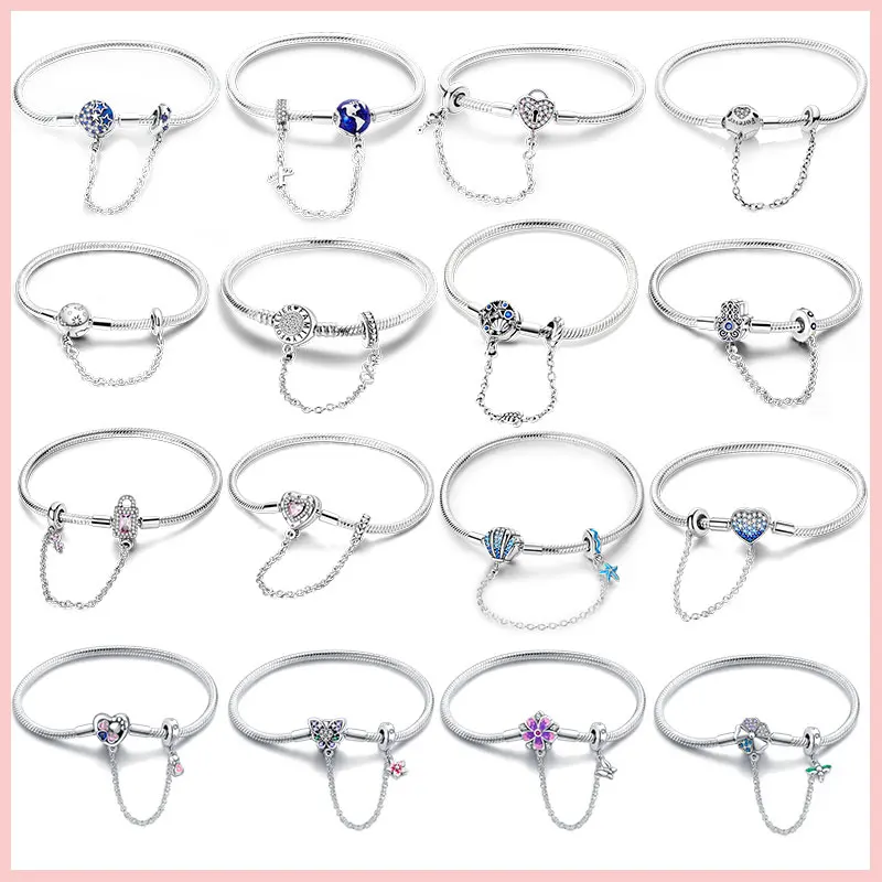 Original Armbänder 925 Silber 17-20 CM Herz Sicherheit 3mm Kette Schlange Knochen Armband Fit DIY Charms perle Geburtstag Schmuck Geschenke – Detail 2