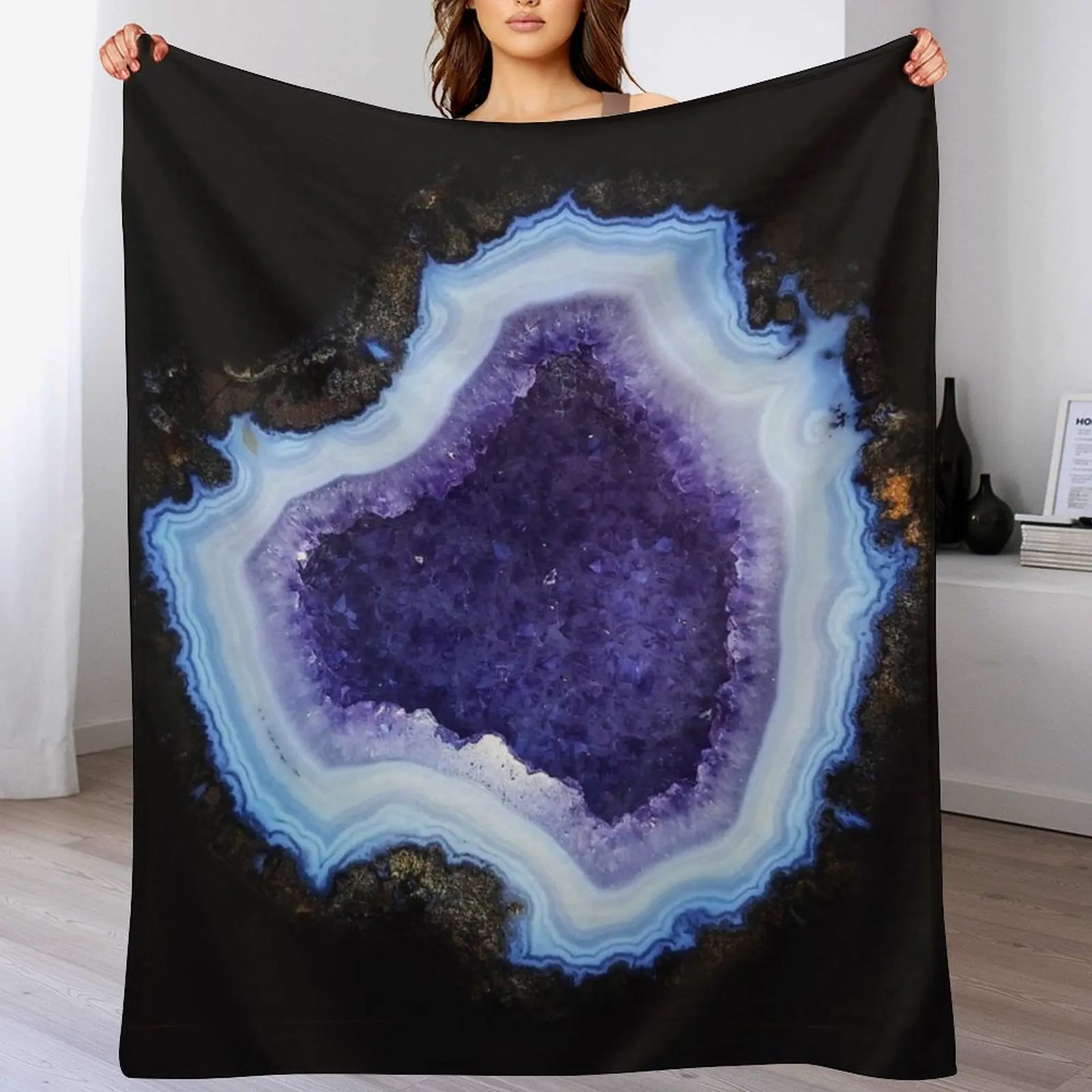 Geode Agathe Amethyst purple and light blue magic mineral rock slice in half with pastel purple and violet crystal Throw Blanket