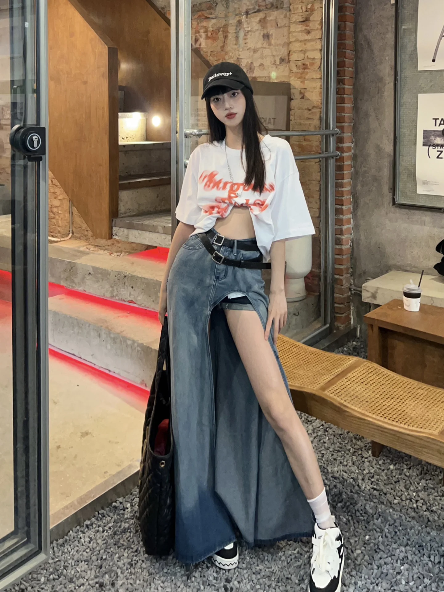 Women Denim Skirt Y2k Emo 2000s Clothes Long Skirt Harajuku Korean 90s Fashion Vintage Gradient A-line Jean Skirt Grunge Clothes