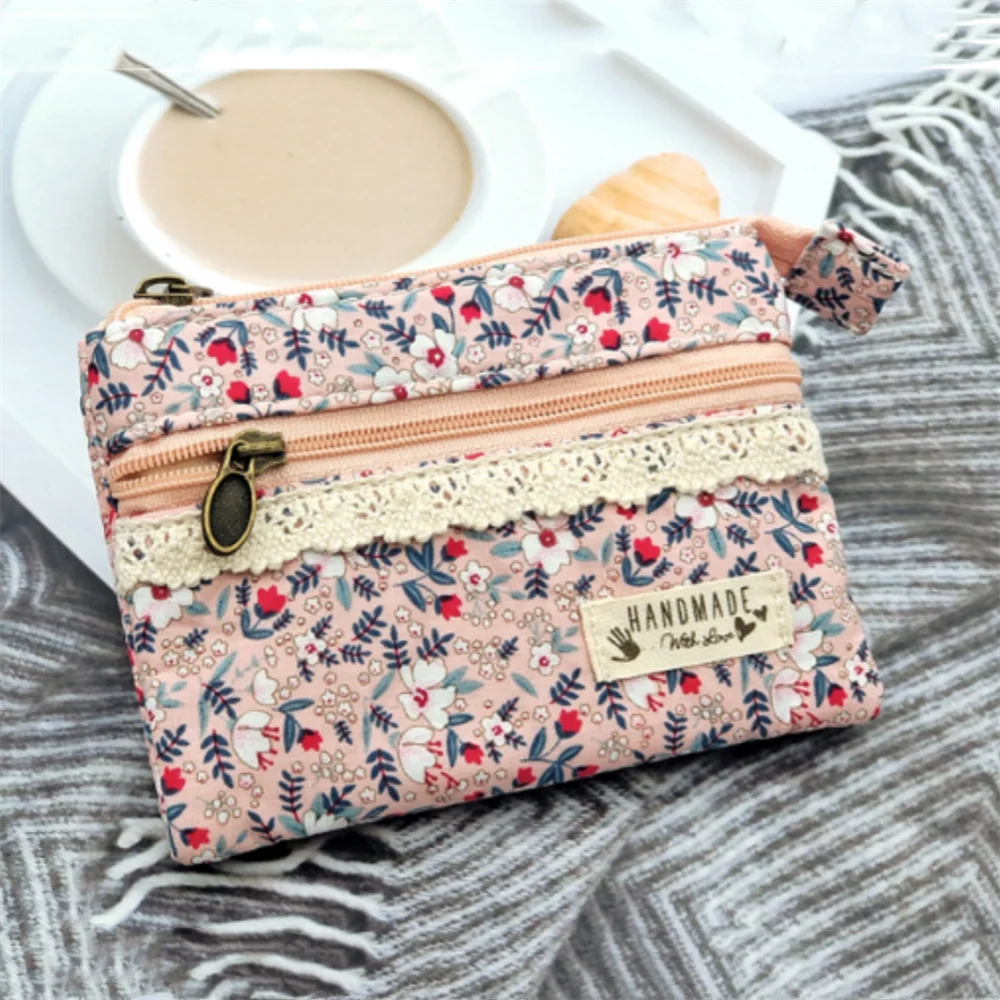 Cotton Coin Purse Portable Female Coin Pouch Canvas Change Bag Double Zipper Floral Card Holder For Women Girls Daily Life