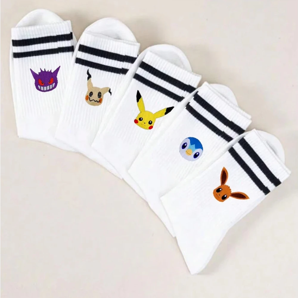5 Paar neue weiße, doppelt gestreifte Socken mit niedlichem Taschenmonster-Charakter-Aufdruck, atmungsaktive Baumwolle, lässige Damen-Rundhalssocken – Detail 5