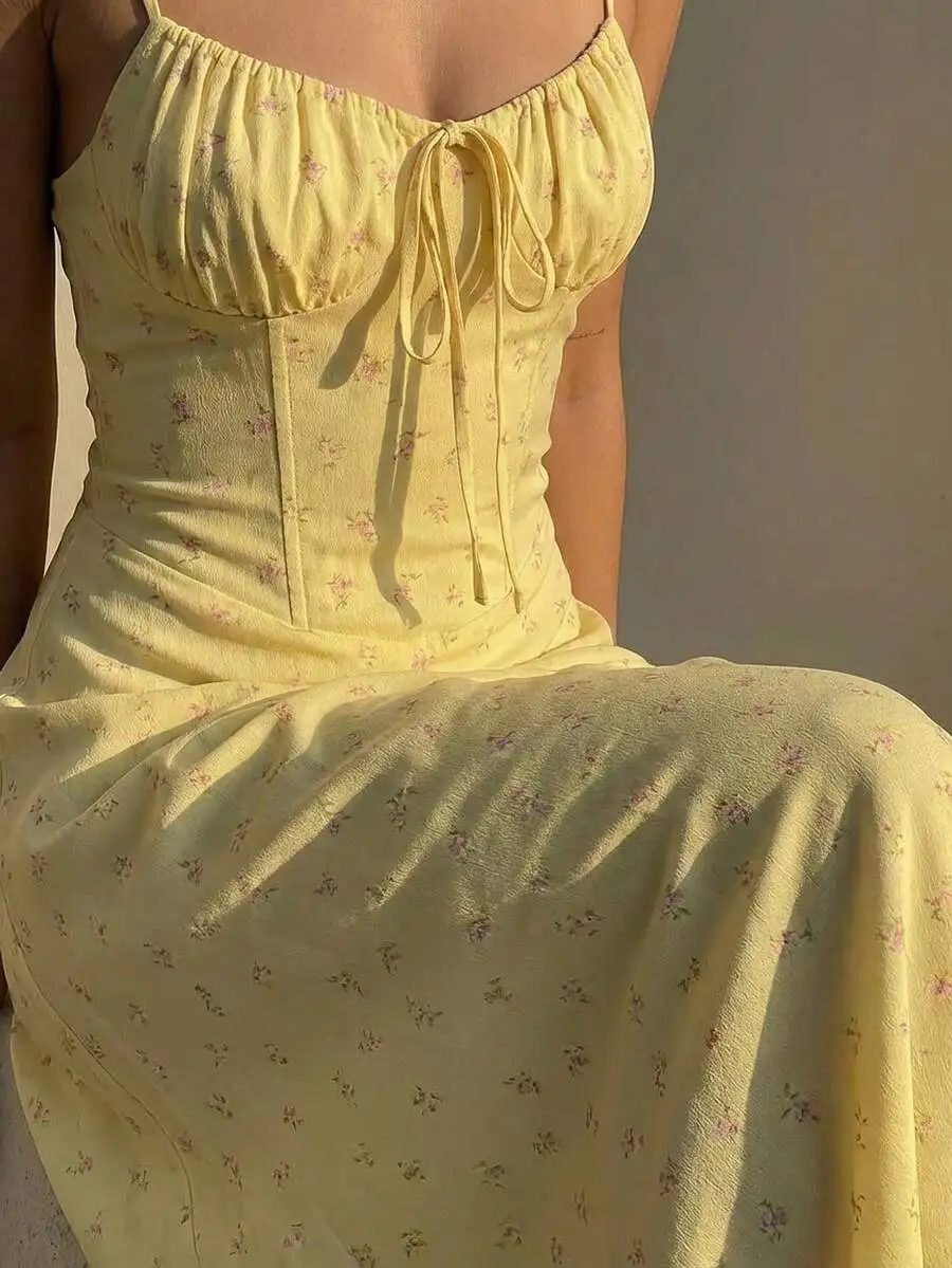 

Women Light Yellow Floral Spaghetti Strap Tie Waist Ruffle Midi Dress Summer Romantic Vacation Outfit