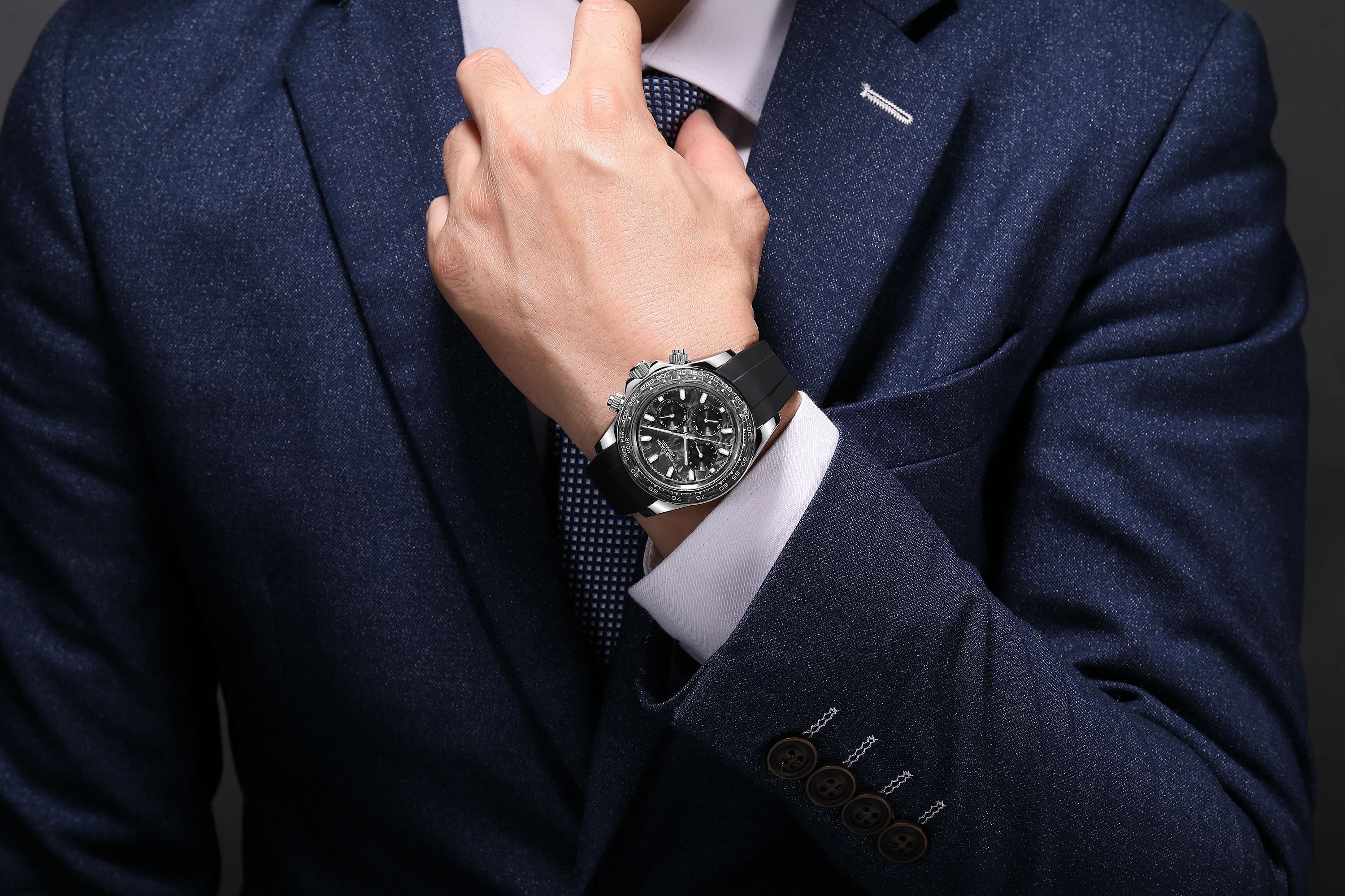 TIME TOKEN 40mm Men's Carbon Automatic Mechanical Watch Luxury Diver 100m Water-Resistant with Calendar And Week Function