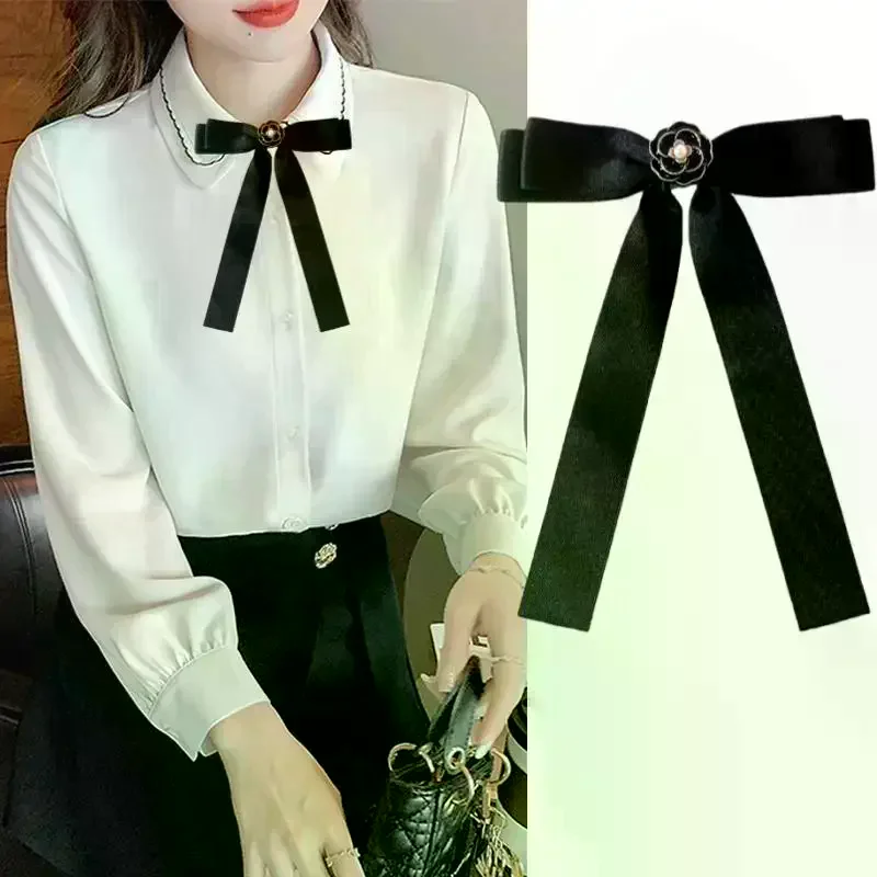 Temperament Black White Camellia Bow Brooch Mourning Corsage Pin Bowknot Neck Tie Brooch Shirt Collar Accessories For Woman