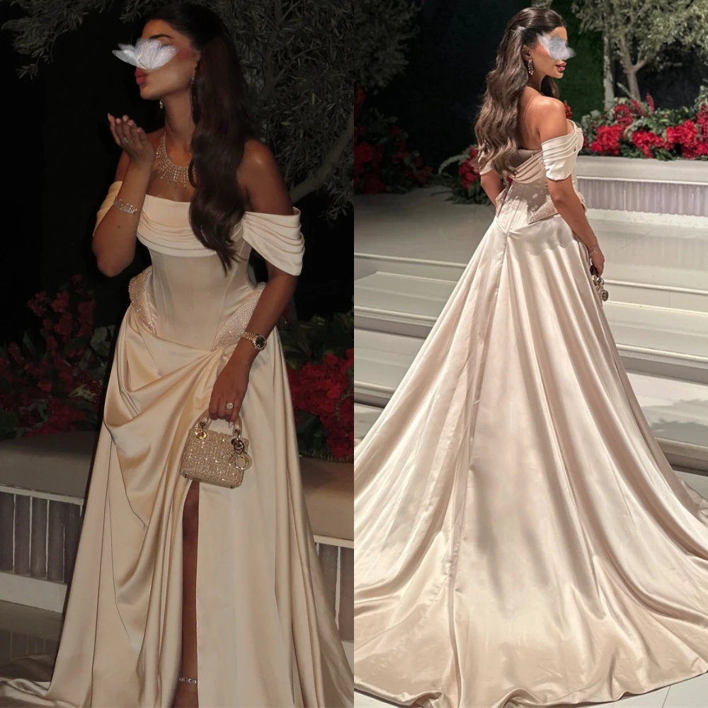 

Customized Graceful Boat Neck Evening Dress Exquisite Satin Prom Dresses Delicate Chapel Train Special Occasion Gowns