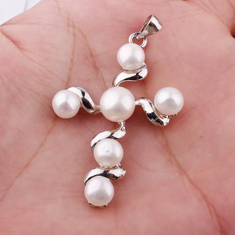 

6mm-8mm Natural Round Freshwater Pearl Stone Beads Cross Shape Tibetan Silver For Party Gift Pendant 1 Pcs 30x40mm