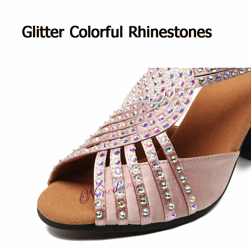 Glitter Rhinestones Satin Latin Dance Shoes Outdoor Salsa Party Prom Tango Ballroom Dancing Shoes Sandals Woman High Heels 8cm