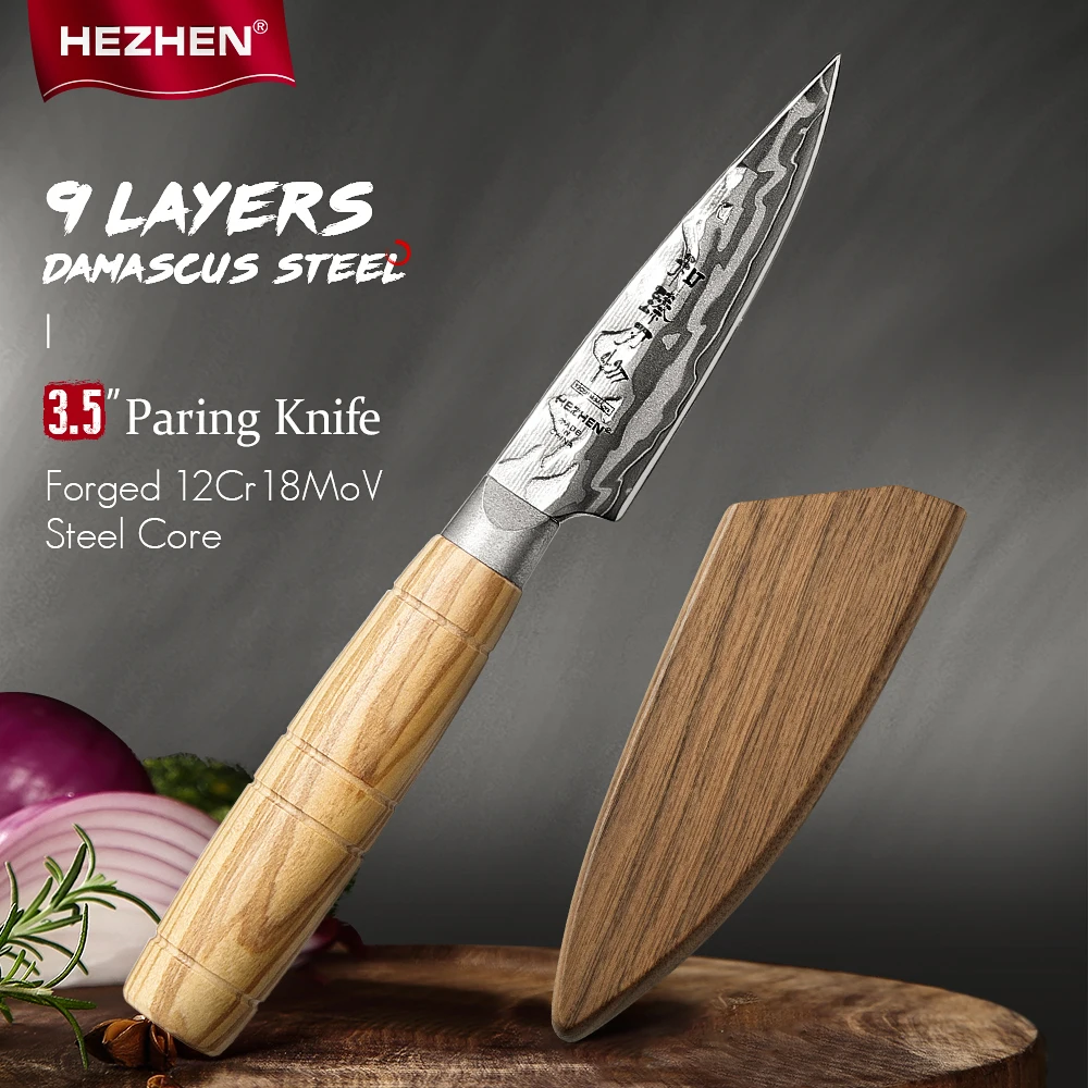 HEZHEN 3.5 Inch Paring knife 9 Layer Damascus Steel High-end 12Cr18MoV Steel CoreKitchen Knife For Fruit Cook Peeling Knife
