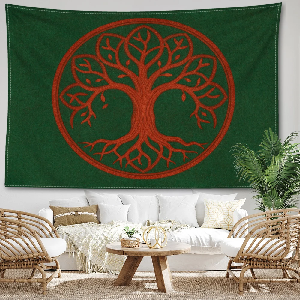 Deep Green Red Circle Tree of Life Wall Tapestry, Spiritual Boho Decor