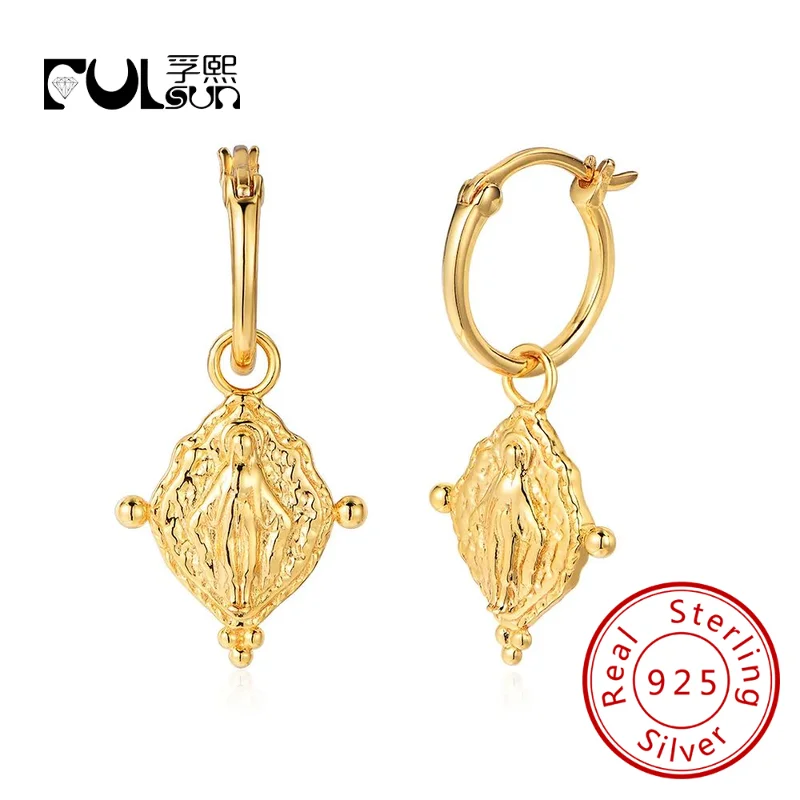 

Ювелирные изделия на заказ, стерлинговое серебро 925 пробы, позолоченные 14 карат, ромбические серьги-кольца Девы Марии для женщин