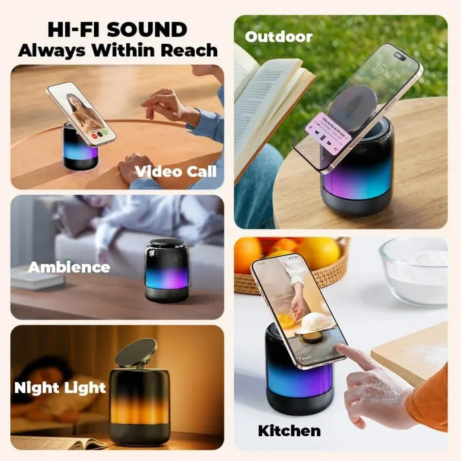 Desktop Bluetooth 5.3 Speaker Magnetic Phone Holder For Magsafe iPhone & RGB Rhythmic Lamp & Radio 3D Stereoscopic Sound Mount
