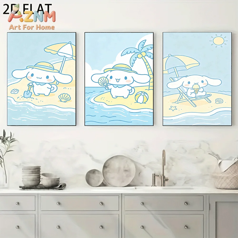 AZNM Cinnamoroll Canvas Wall Art Unframed Cute Cartoon Print Poster Summer Beach Palm Tree Sun Umbrella Seashell Ice Cream Sandb