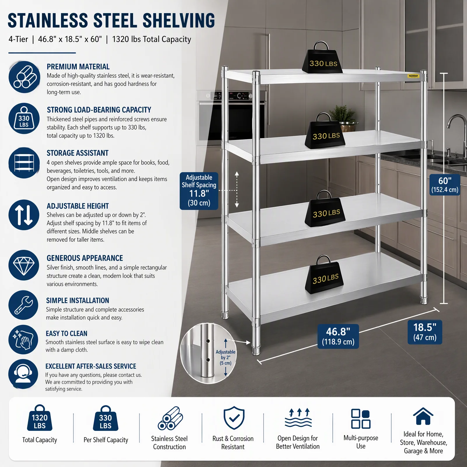 Stainless Steel Shelving 4-Tier Adjustable Heavy Duty Storage Rack, 330lbs Per Shelf Metal Organizer for Warehouse Kitchen Garage Supermarket, Silver