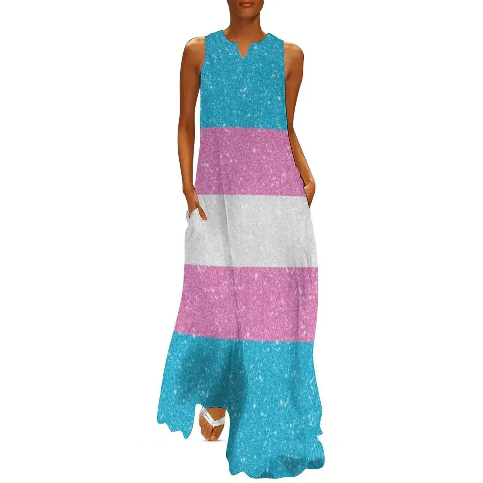 

Faux Glitter Transgender Pride Flag Background Long Dress party dresses woman Dress for girls woman dress women