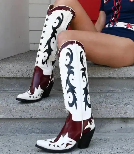 Western Cowboy Girls Burgundy Black White Blue Leather Patchwork Print Pointed Toe Block Heel Tube Slip On Knee High Boots Shoes