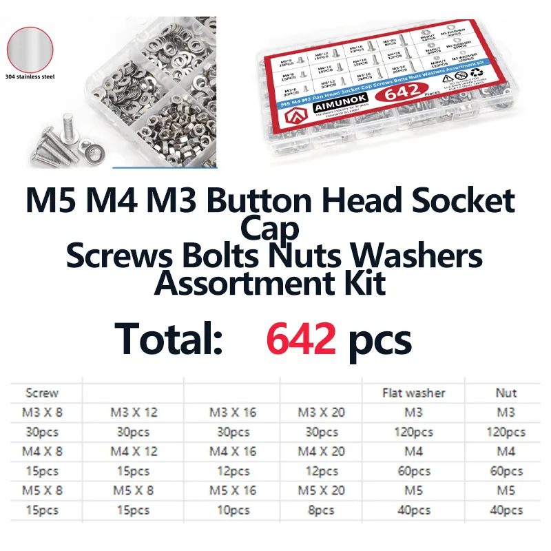 642pcs M5 M4 M3 Button Head Socket Cap Screws Bolts Nuts Washers Assortment Kit, 304 Stainless Steel Metric Screw Set