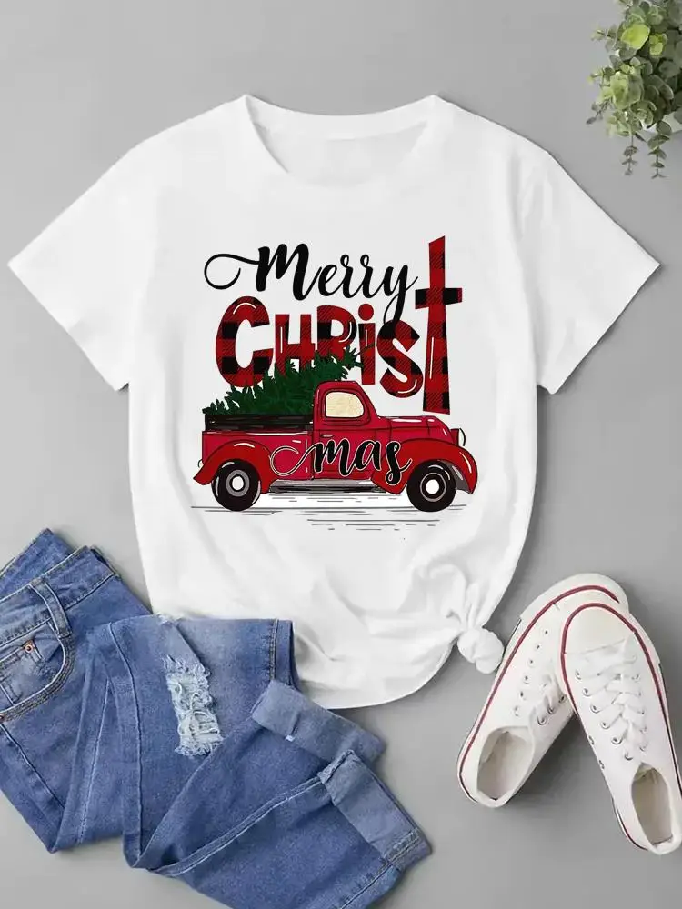 Merry Christmas Graphic T-shirt Holiday Women Female Plaid Truck Trend Cute Fashion Clothes Print Top T Shirt Ladies Clothes Tee