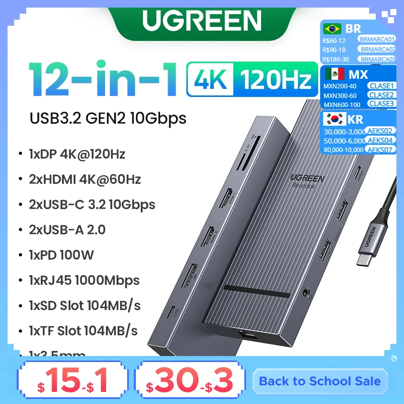 UGREEN 12-in-1 USB HUB Type-C to 2HDMI 4K120Hz DP USB3.2 10Gbps SD/TF RJ45 PD100W for MacBook Dell HP Laptop Accessories Docking
