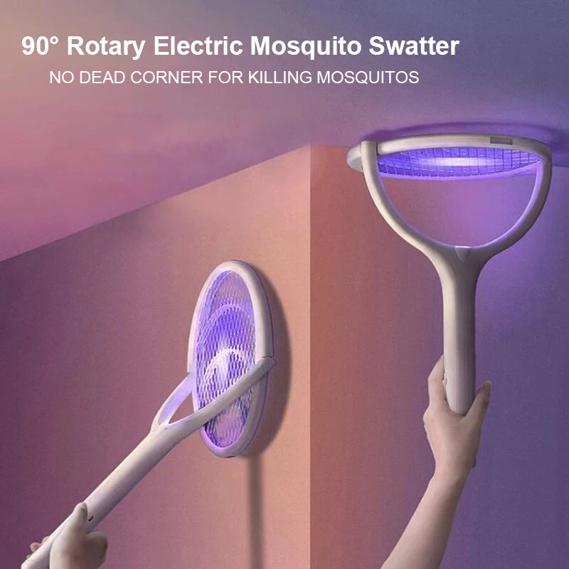 

90° Rotary Electric Mosquito Racket Killer Lamp 5 in 1 Rechargeable Mosquitos Fly Swatter Trap Bug Zapper 3500V Safe Insulated