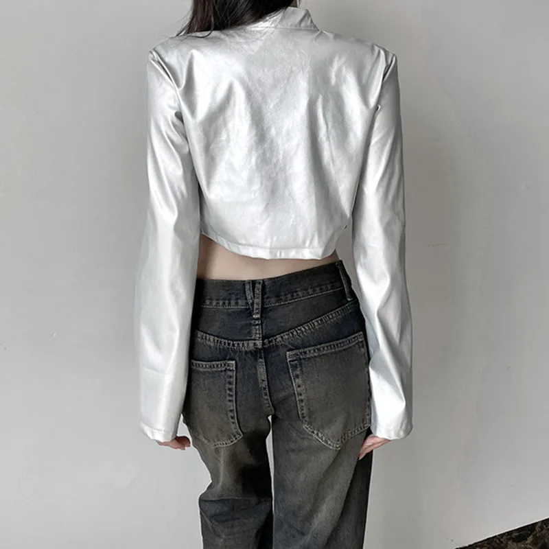 Silver Zipper Stand Collar ort Leather Jaet Women's Slim Fit Belly Baring Versatile Outerwear Street Sle Hot Girl